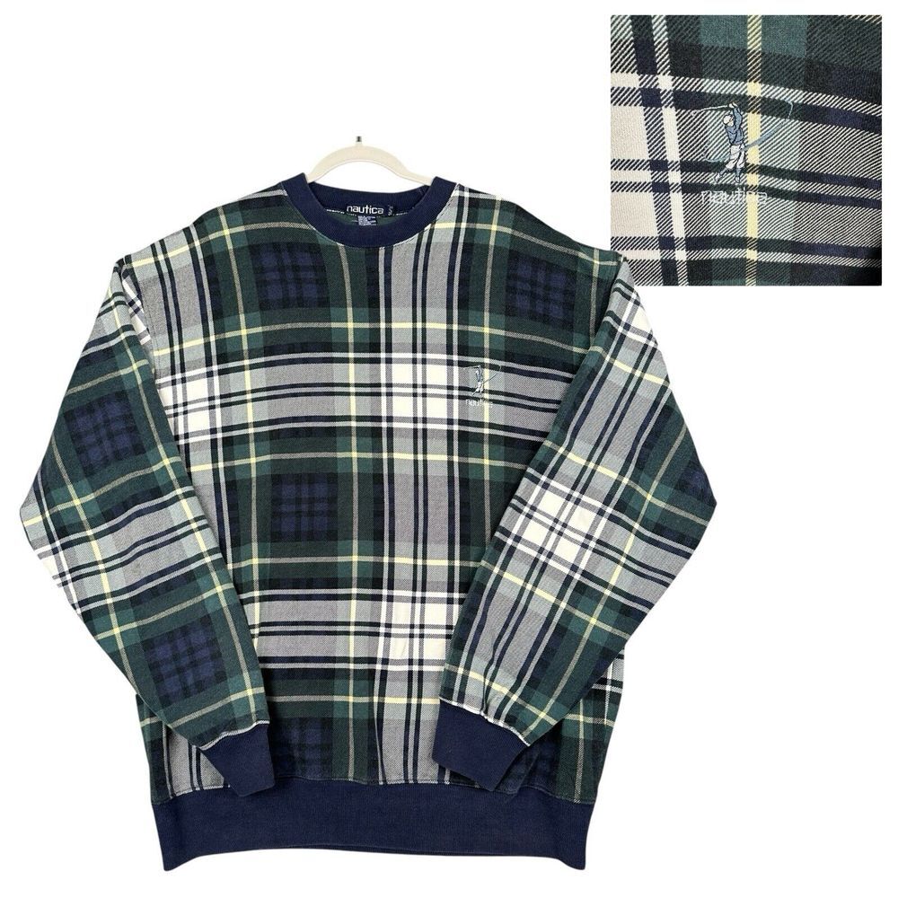 VTG Nautica Fleece Pullover Sweater Men XL Plaid 90s Sweatshirt Golf Embroidered